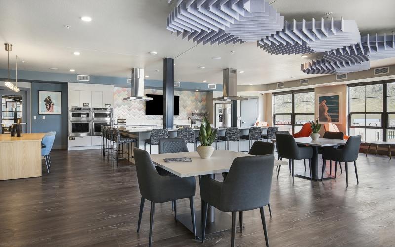 a large room with tables and chairs