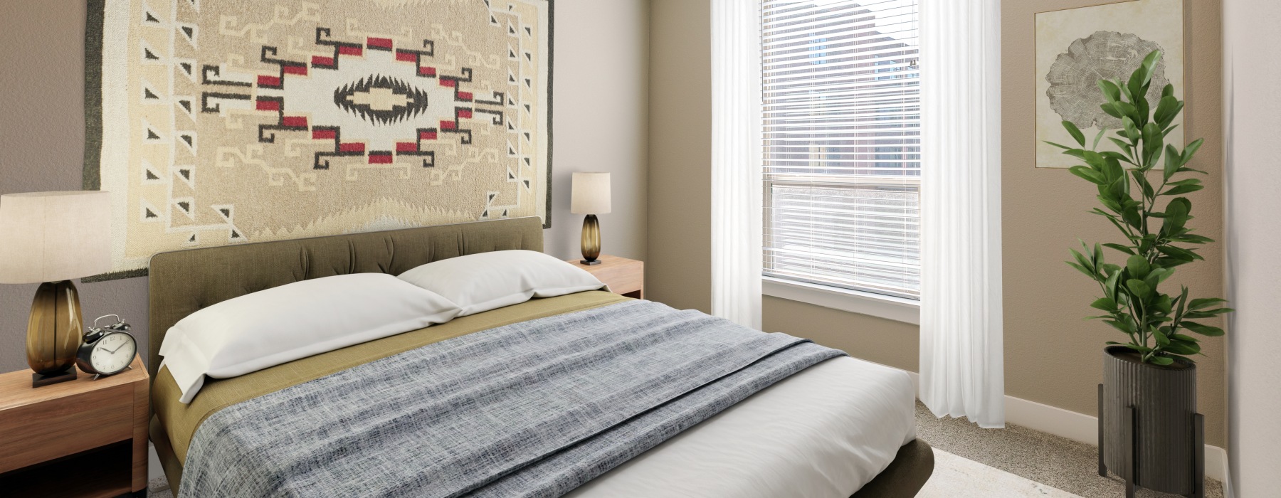 a bedroom with a bed and lamps