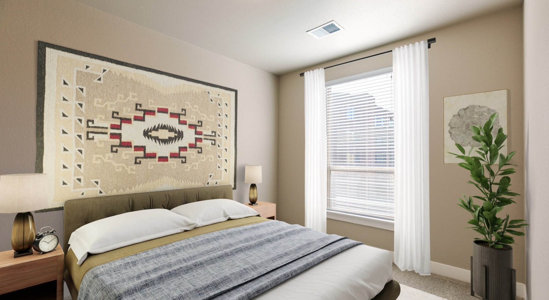 Bedroom with natural lighting and high ceilings