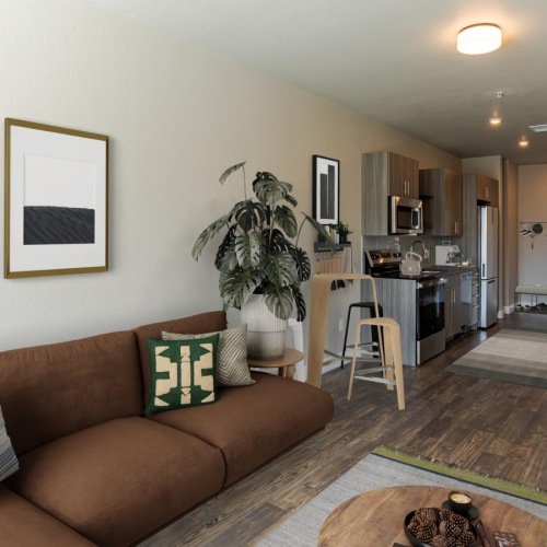 a living room with a couch and a table