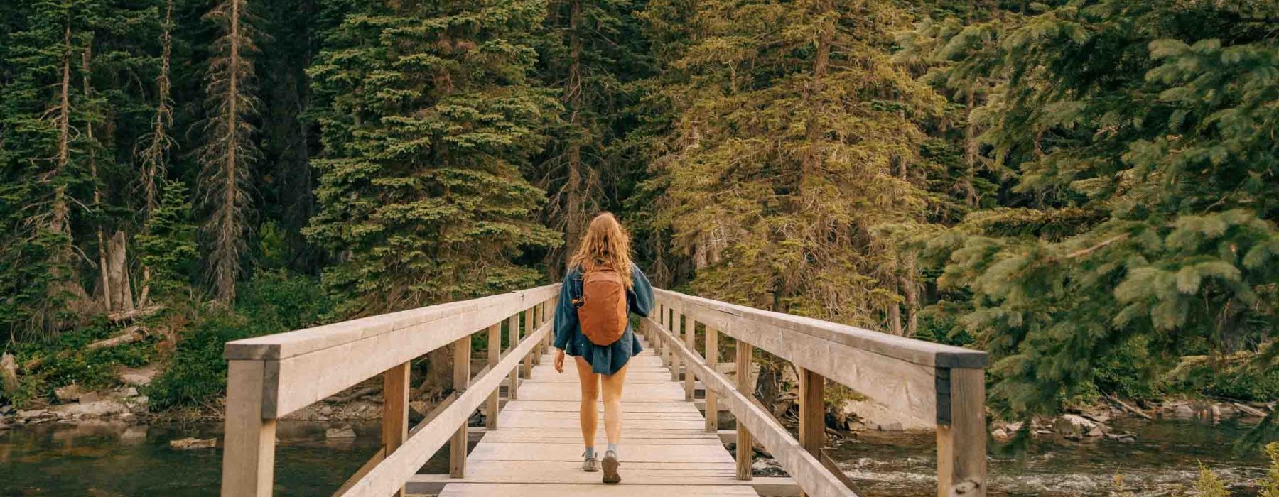 a person walking on a wooden bridge